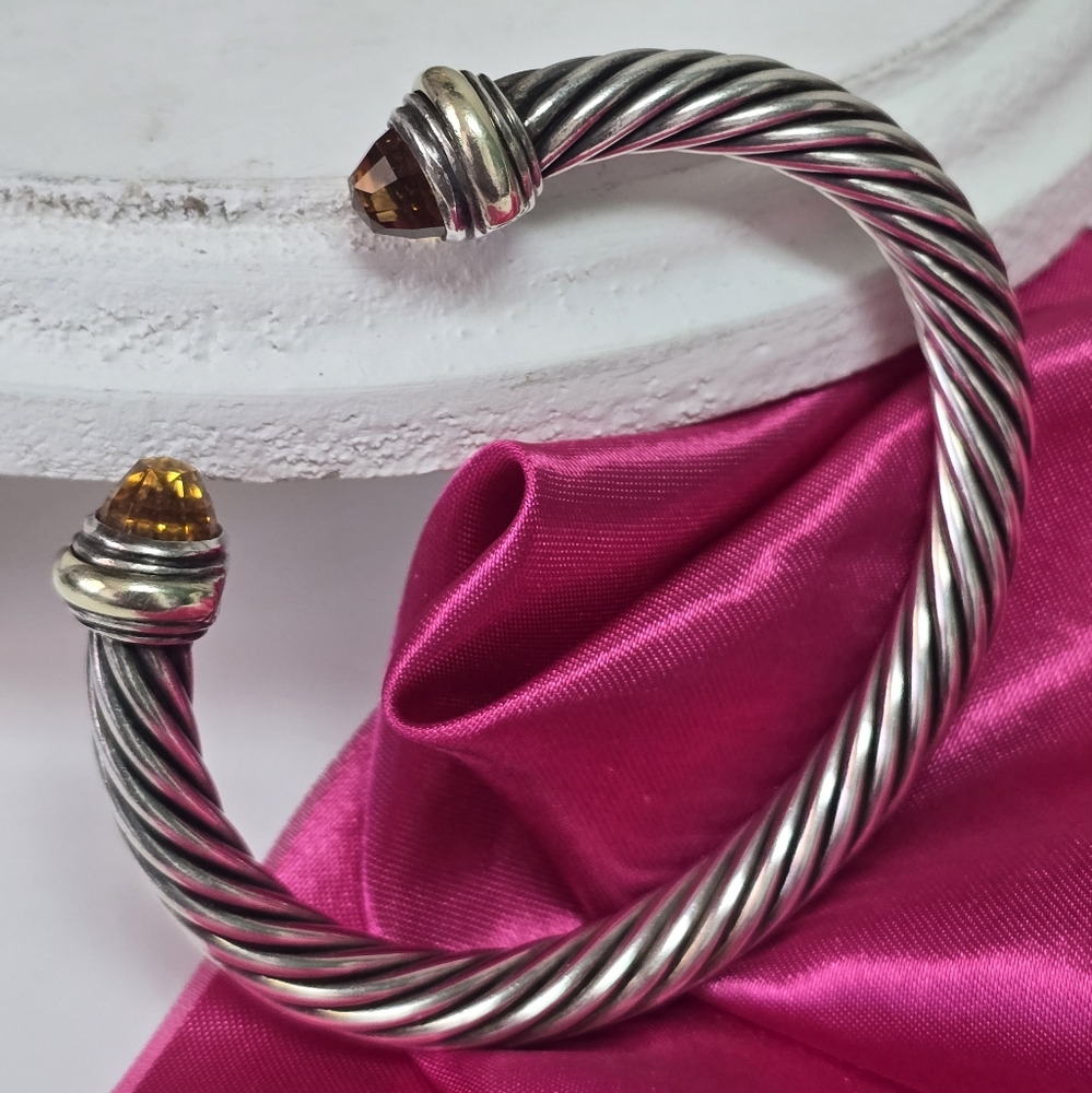 David Yurman Silver Cable Cuff Bracelet with Yellow-Gold Gem Tips